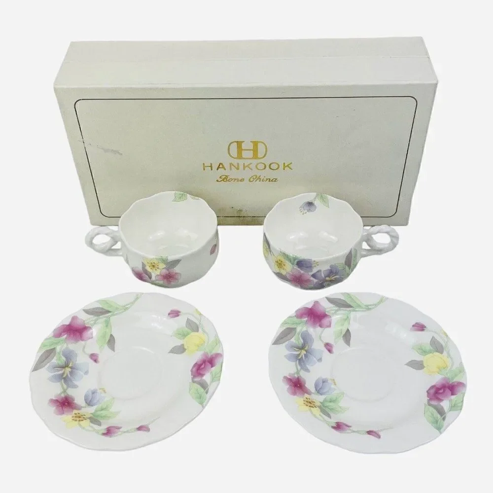 Hankook Bone China England Original Tech Teacup Saucers 2 Sets Korea NIB Floral